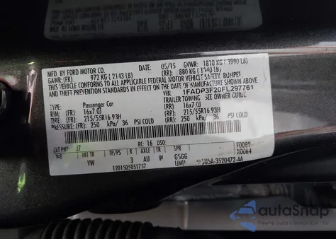 2015 Ford Focus Se z USA, uszkodzony, nr VIN 1FADP3F20FL297761